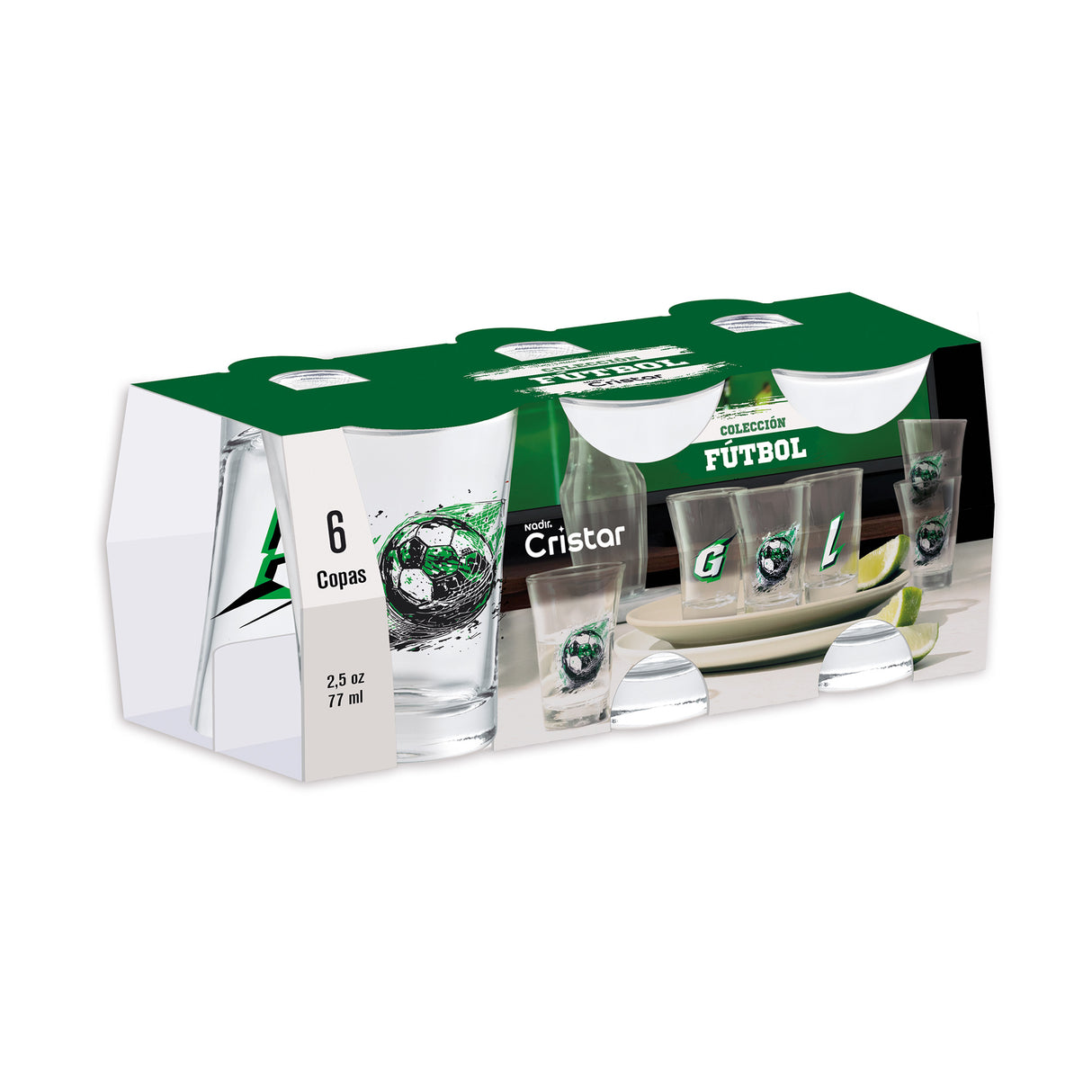 Canastilla con 6 copas de shooter sodera fútbol