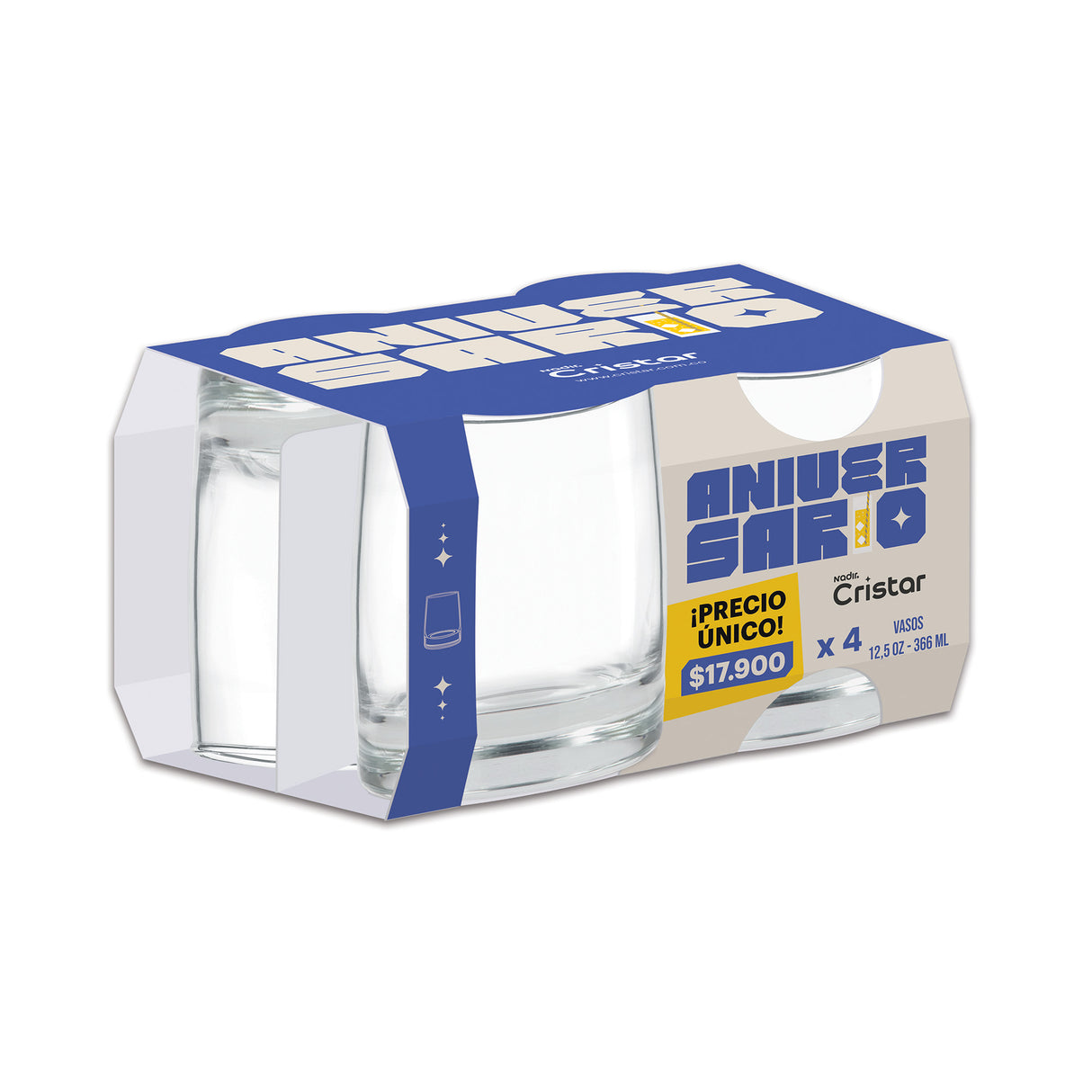 Canastilla por 4 unidades del vaso toledo rocks, paquete con diseño azul y etiqueta de precio promocional.