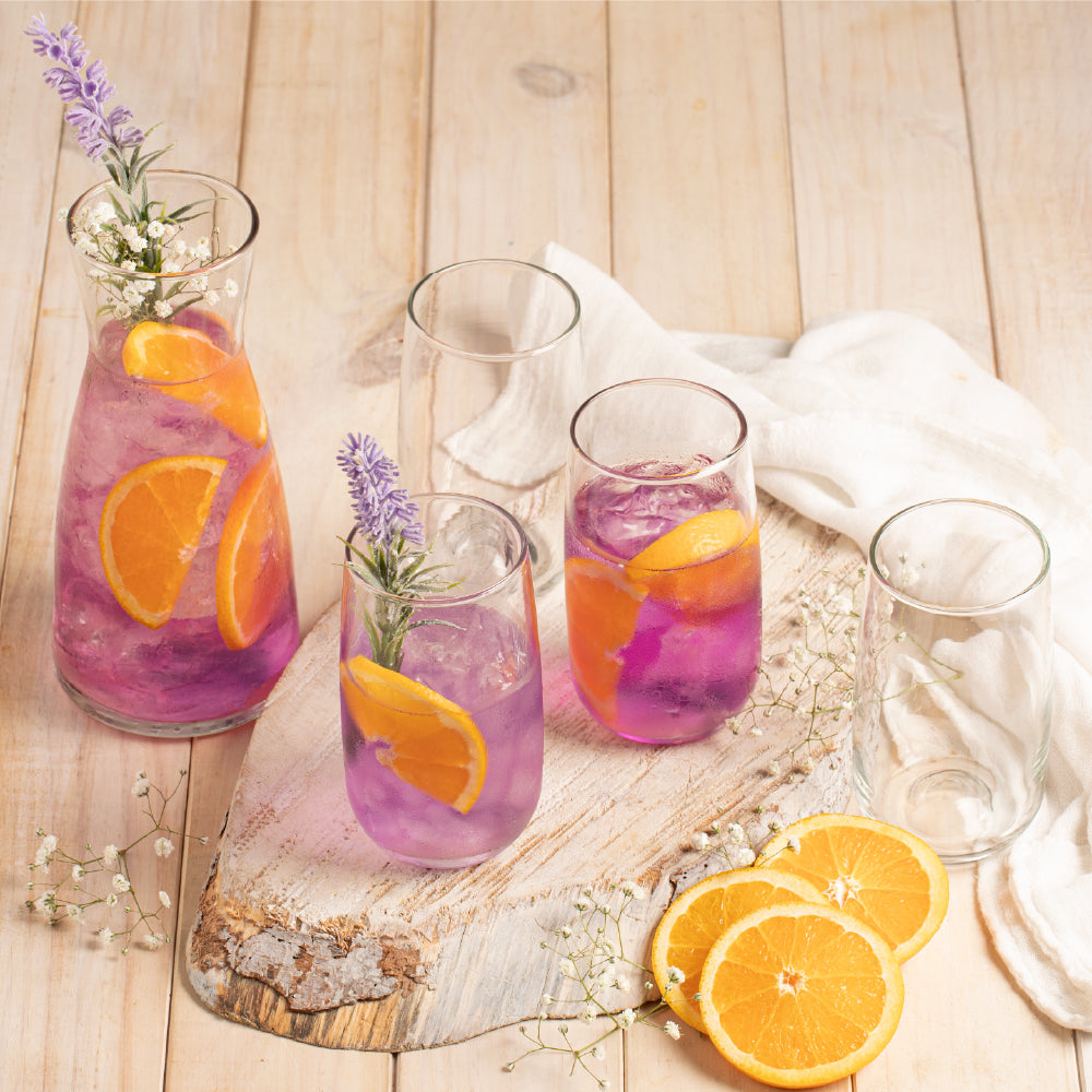 Set Agua Concept de Cristar. Incluye un decantador de 1000 cc y cuatro vasos de 458 cc, combinando diseño moderno y funcionalidad.