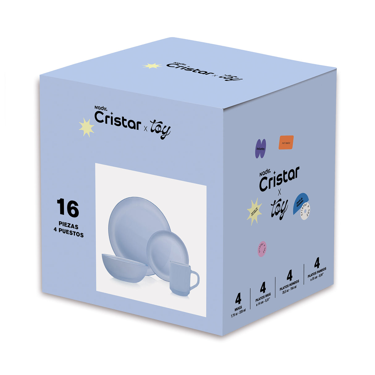Vajilla Stylo Blue Cristar x toy en empaque. Contiene 16 piezas.