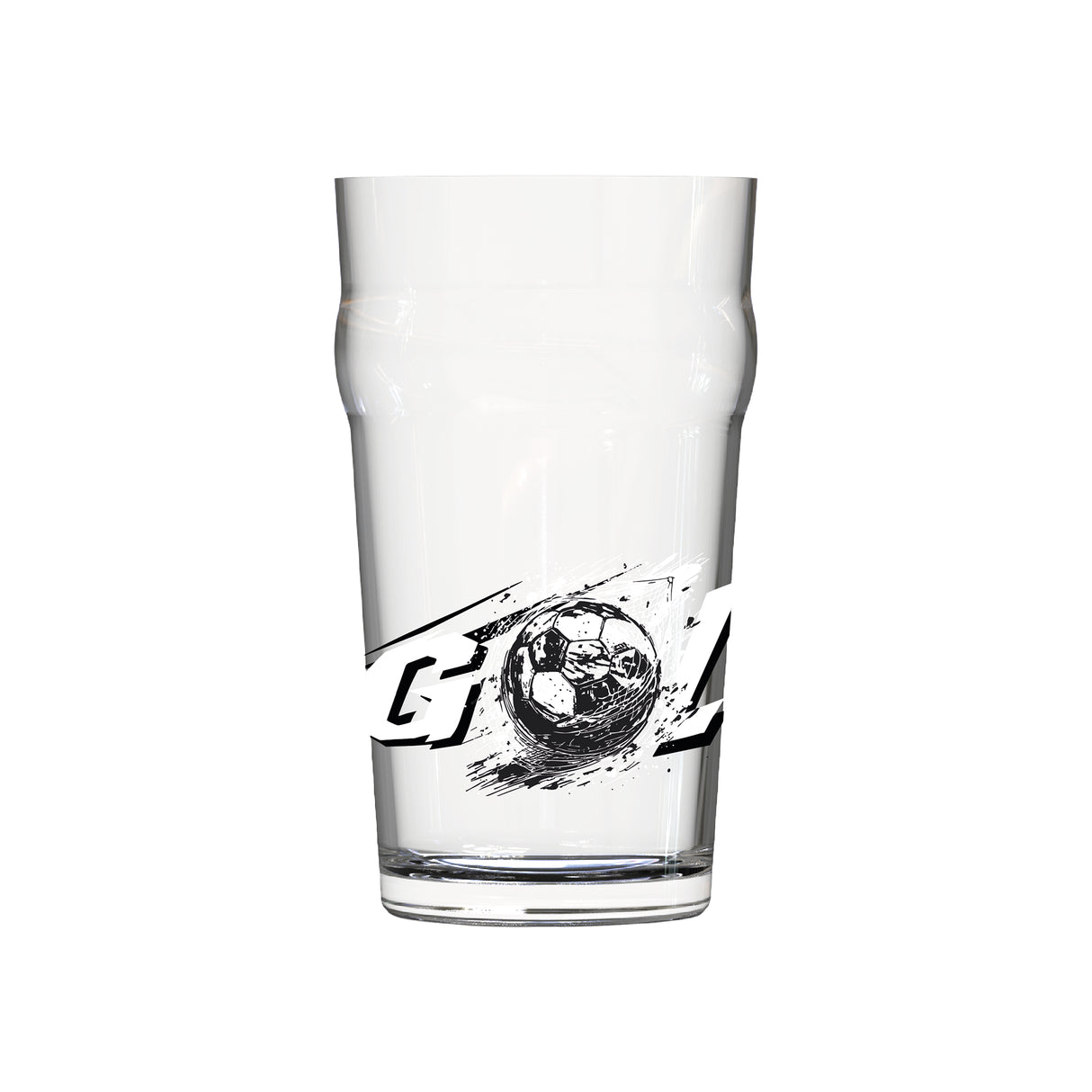 Un vaso de vidrio transparente con diseño en el centro formando la palabra Gol