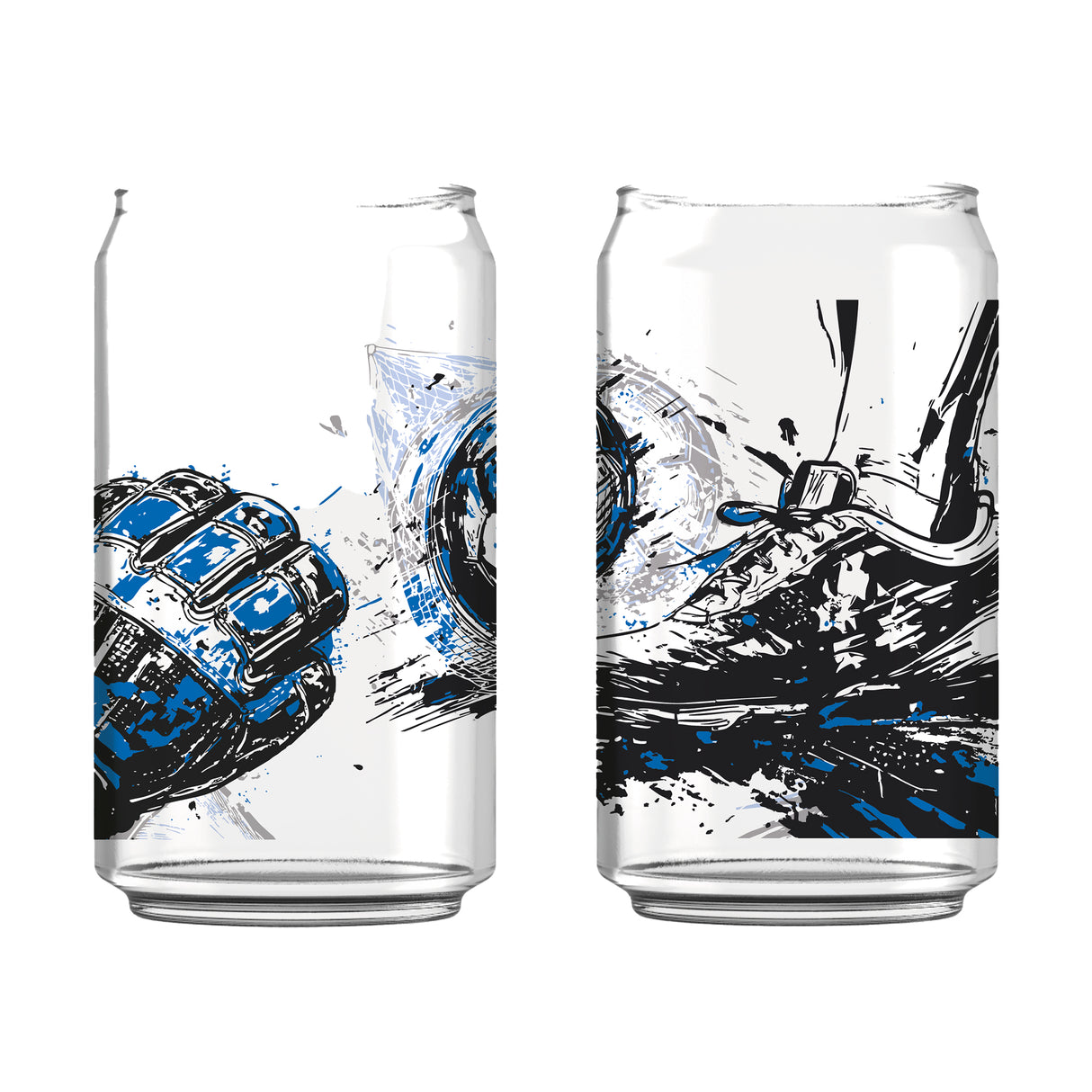 Vaso de vidrio Lata con diseño de fútbol en dos vistas: frontal con balón azul y negro, cara trasera con botín de fútbol en acción, estilo gráfico urbano.