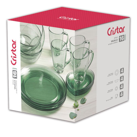 Caja de vajilla stylo color verde por 16 unidades: platos y tazas