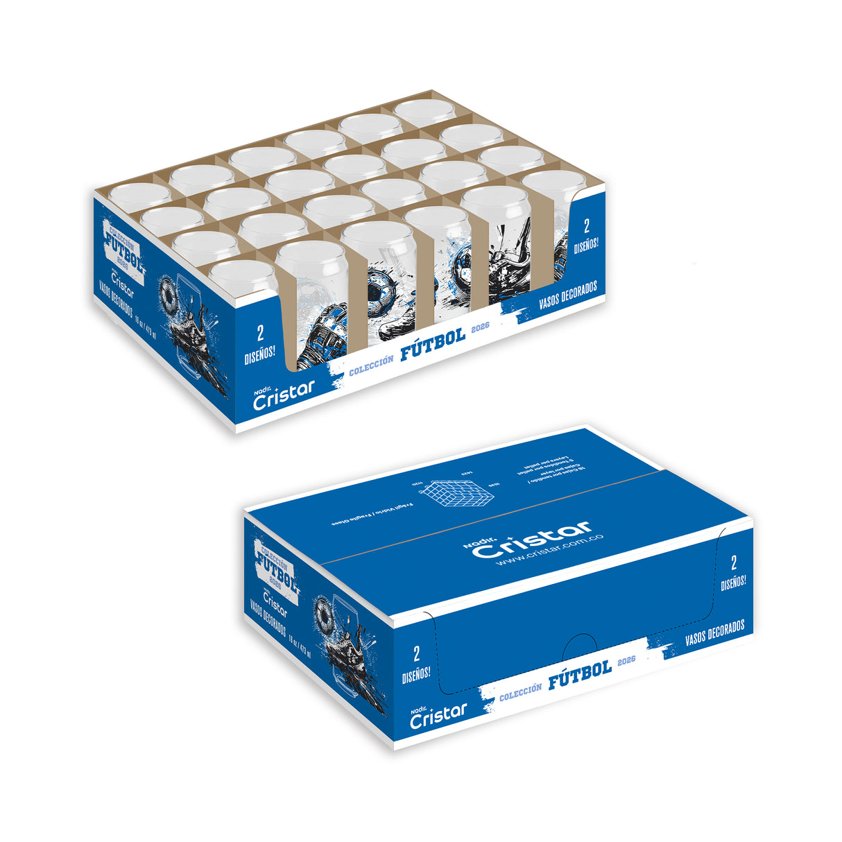 Caja de 24 vasos Lata edición Fútbol,  vista superior abierta y caja cerrada azul con branding oficial.