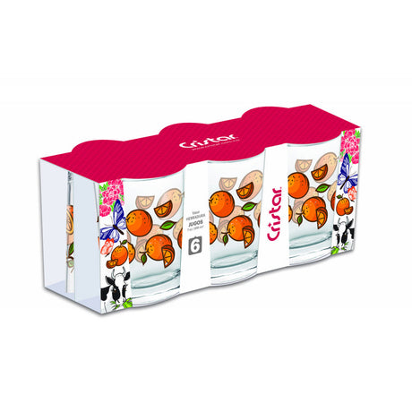 Canastilla por 6 unidades del vaso herradura decorado con diseño de frutas