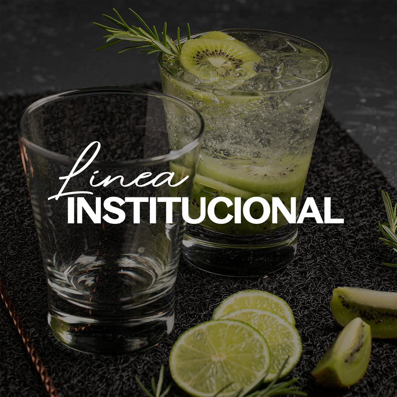 Línea institucional. Fondo vasos de vidrio para jugos, con bebida refrescante de kiwi