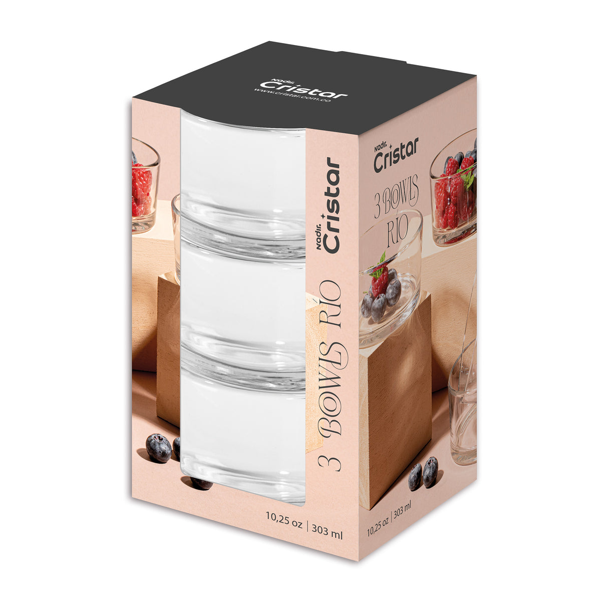 Caja de pasantera Río, contiene 3 bowls de vidrio