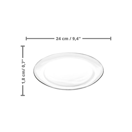 Dimensiones del plato pando de vajilla stylo transparente: Alto: 1,8 cm /0,70 pulgadas / Diámetro: 23,9 cm / 9,04 pulgadas