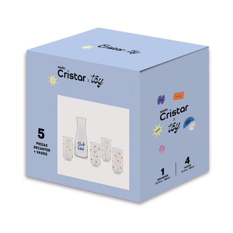 Set Capella Club Solei de Cristar x Toy en empaque, 5 piezas: 1 decanter y 4 vasos de vidrio