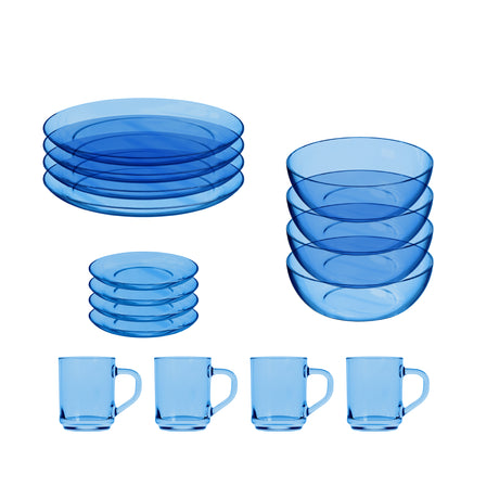 Vajilla stylo azul para cuatro puestos:, 16 unidades: 4 mugs, platos hondos, 4 platos pandos, 4 platos té