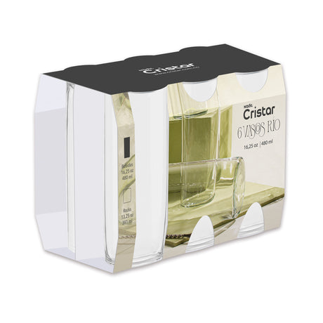 Caja de empaque de vasos Río bebidas. Se muestra una fotografía estilizada de los vasos dispuestos sobre una superficie verde, destacando su diseño cilíndrico y transparente